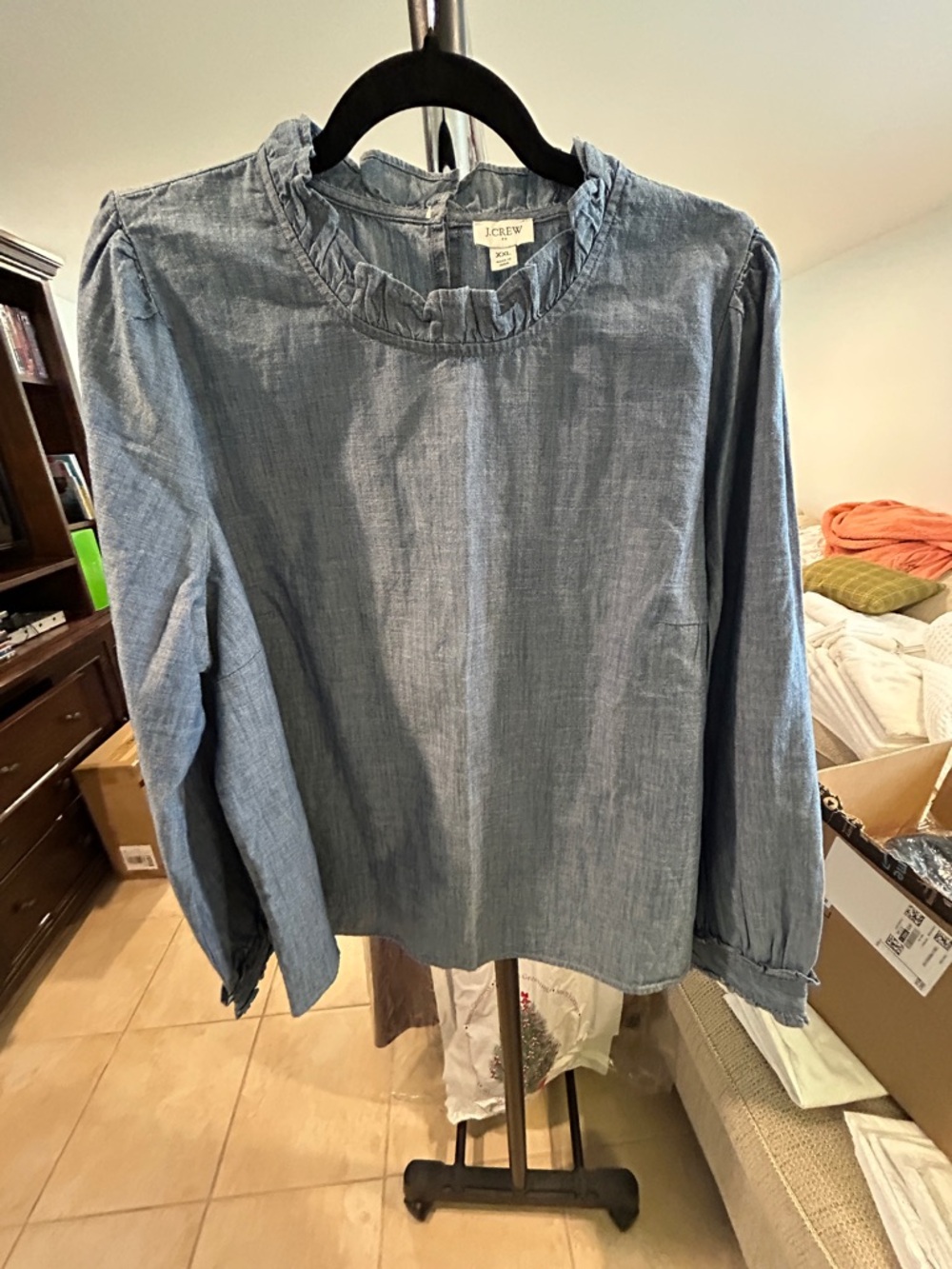 J. Crew Light Blue Ruffle Neck Chambray Top